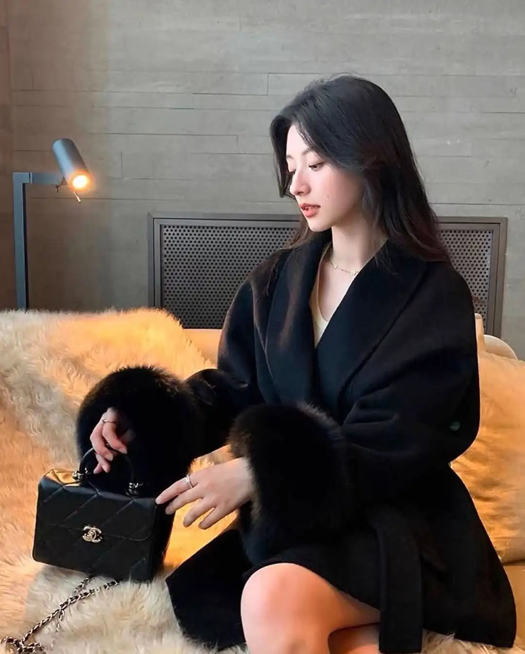 Elegant Lace Up Woolen Short Coat Solid Loose Lapel Furry Belt Long Sleeve Jacket Female 2025 Autumn Winter Lady Chic Cardigan