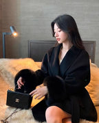 Elegant Lace Up Woolen Short Coat Solid Loose Lapel Furry Belt Long Sleeve Jacket Female 2025 Autumn Winter Lady Chic Cardigan