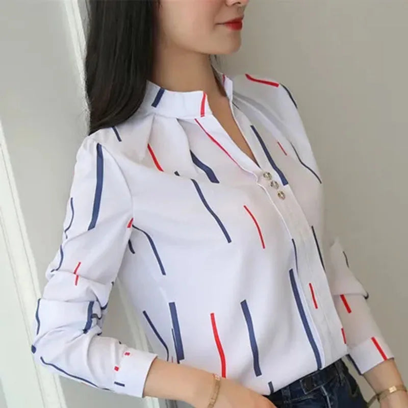 Xpqbb Autumn New White Shirt for Women Fashion Stripe Print Long Sleeve Office Lady Blouses Casual Loose Stand-up Collar Blusas