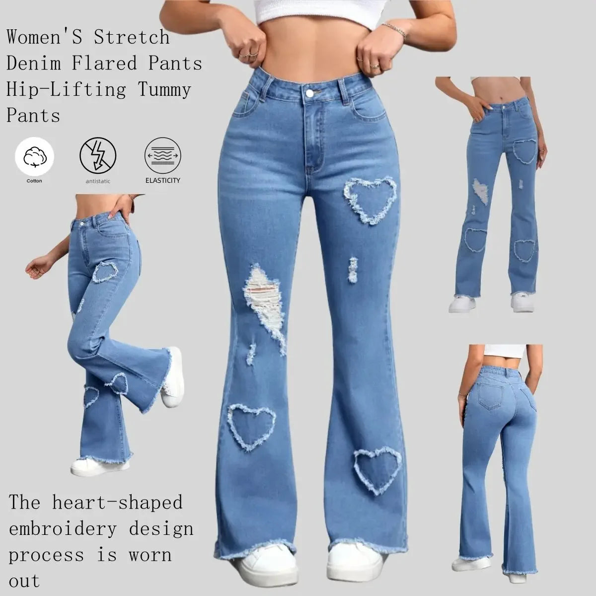 Y2K Blue Stretchy Heart Shaped Flared Jeans High Waist Retro Fashion Trendy Elastic Trousers for Women Main image
