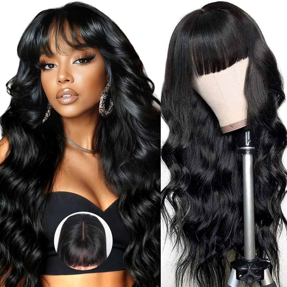 Body Wave Wigs with Bangs 3x1 Middle Part Lace Wig Human Hair Pre Plucked Body Wave Real Human Wigs with Bangs for Women 34 Inch