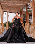 Customized Black Flamboyant Evening Gowns Sheer Long Sleeve V Neck Beaded Fishtail Trailing Prom Dresses Black Girls Prom Dresse