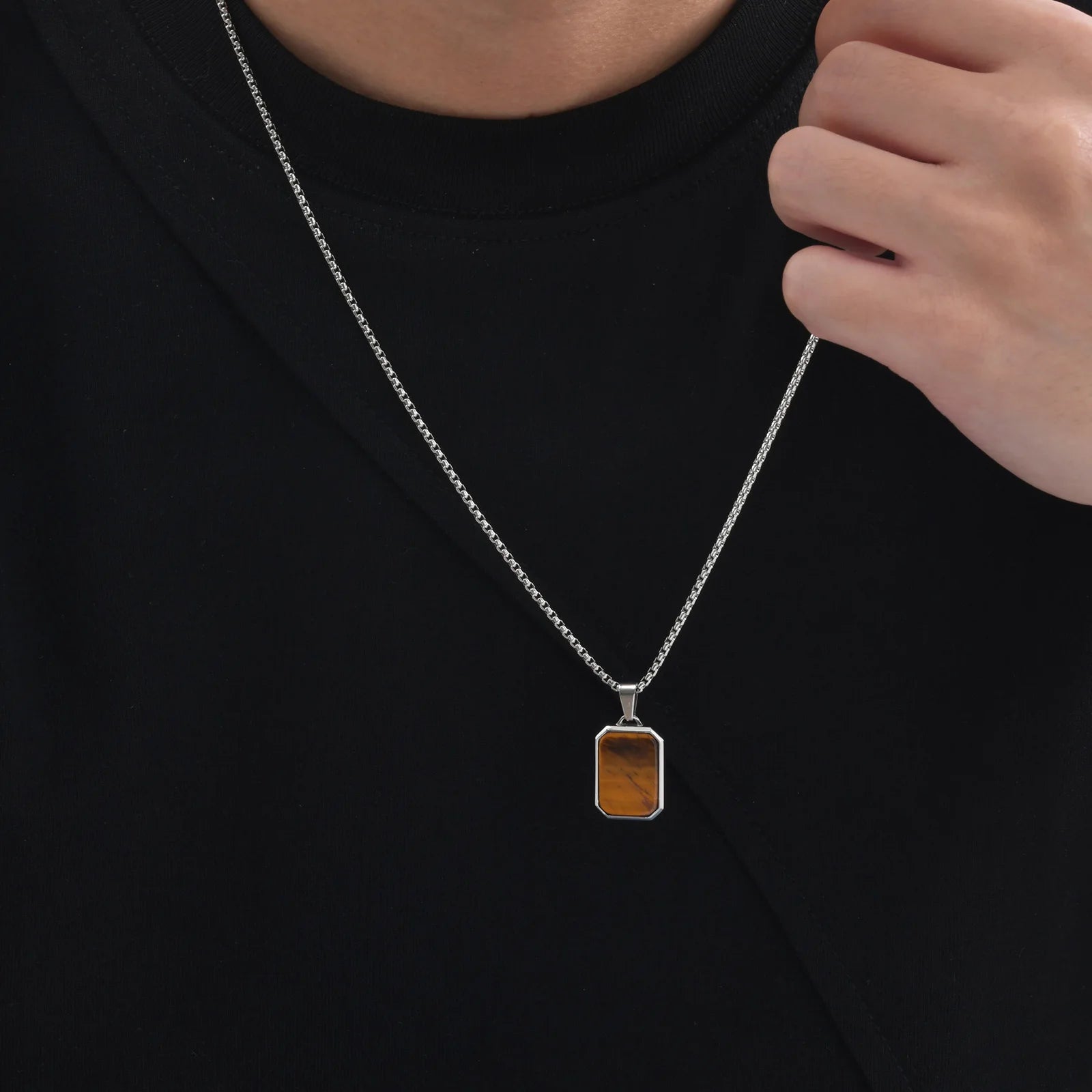Trendy Pendant Necklaces for Men Boys,Square Natural Stone Stainless Steel Necklaces,Hip Hop Cool Healing Jewelry Gifts