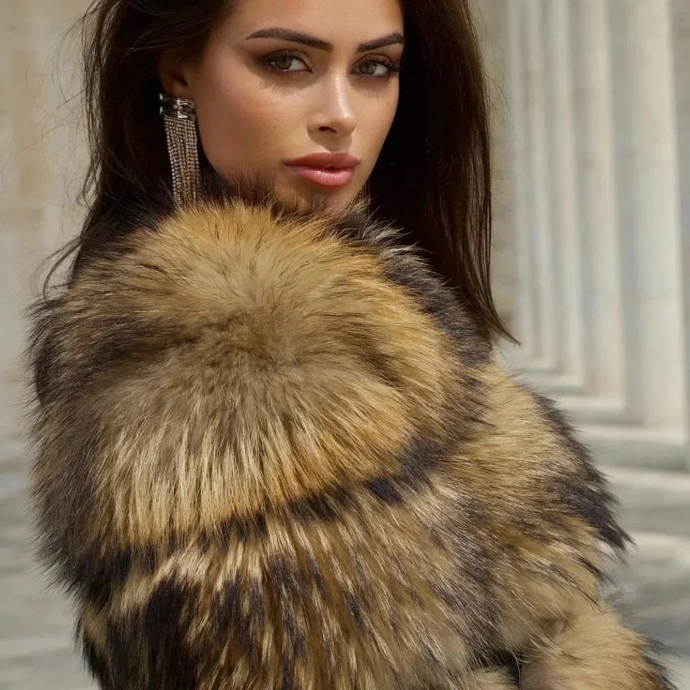 Real Fox Fur Coat Winter Jacket Women O-neck Thick Fashion 2025 & 2026 Natural Fox Fur Raccoon Outerwear Warm Luxury Female Plus Size
