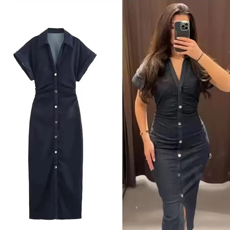 Denim Dress Women's Spring Summer Casual Long Dresses For Women 2025 New Fashion Ruched Short Sleeve Streetwear Midi Dress Main image