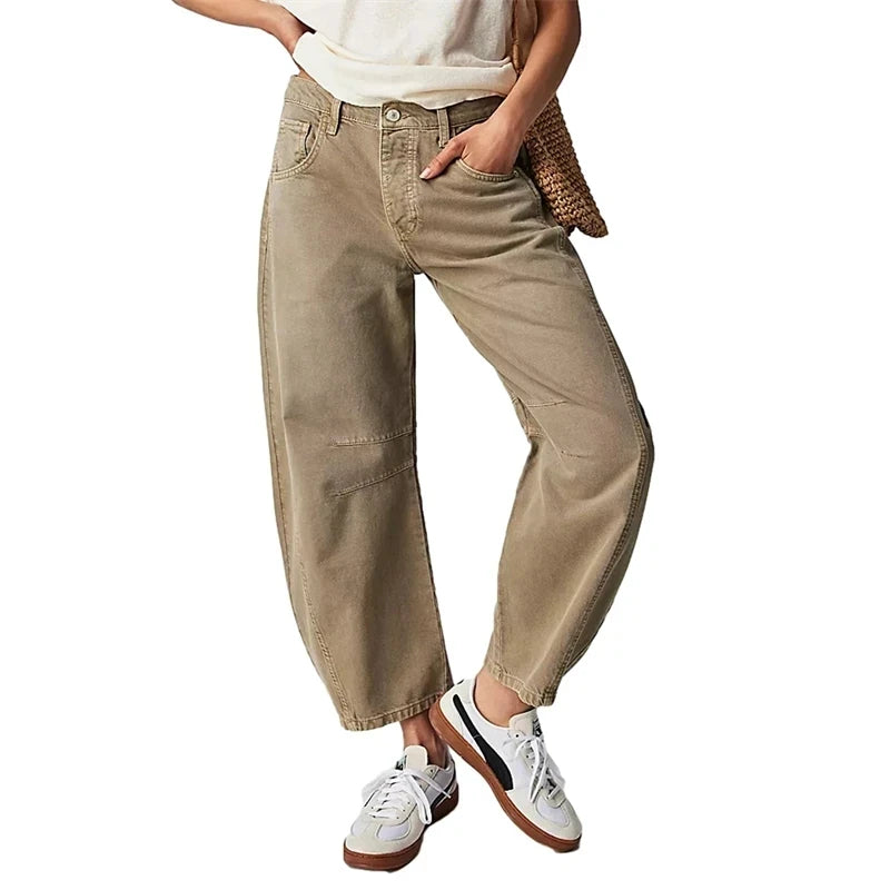 Midiross High Stretch Mid-Rise Barrel Jeans Fashion wide Leg Shape Women Casual Baggy Mid Waist Denim Pants