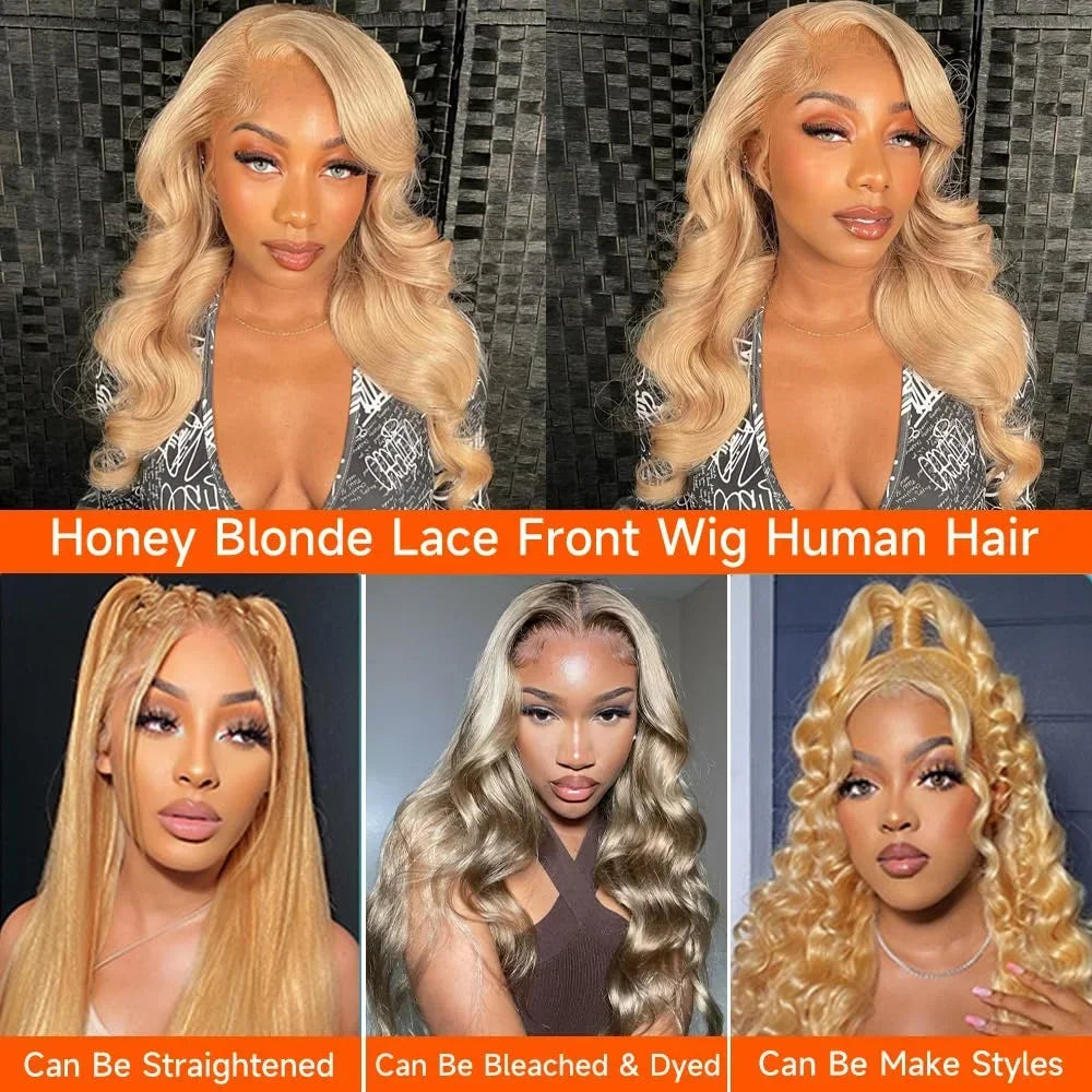 13x6 HD Body Wave Honey Blonde Lace Front Human Hair Wig For Women Colored #27 13x4 Transparent Lace Frontal Wigs Pre Plucked