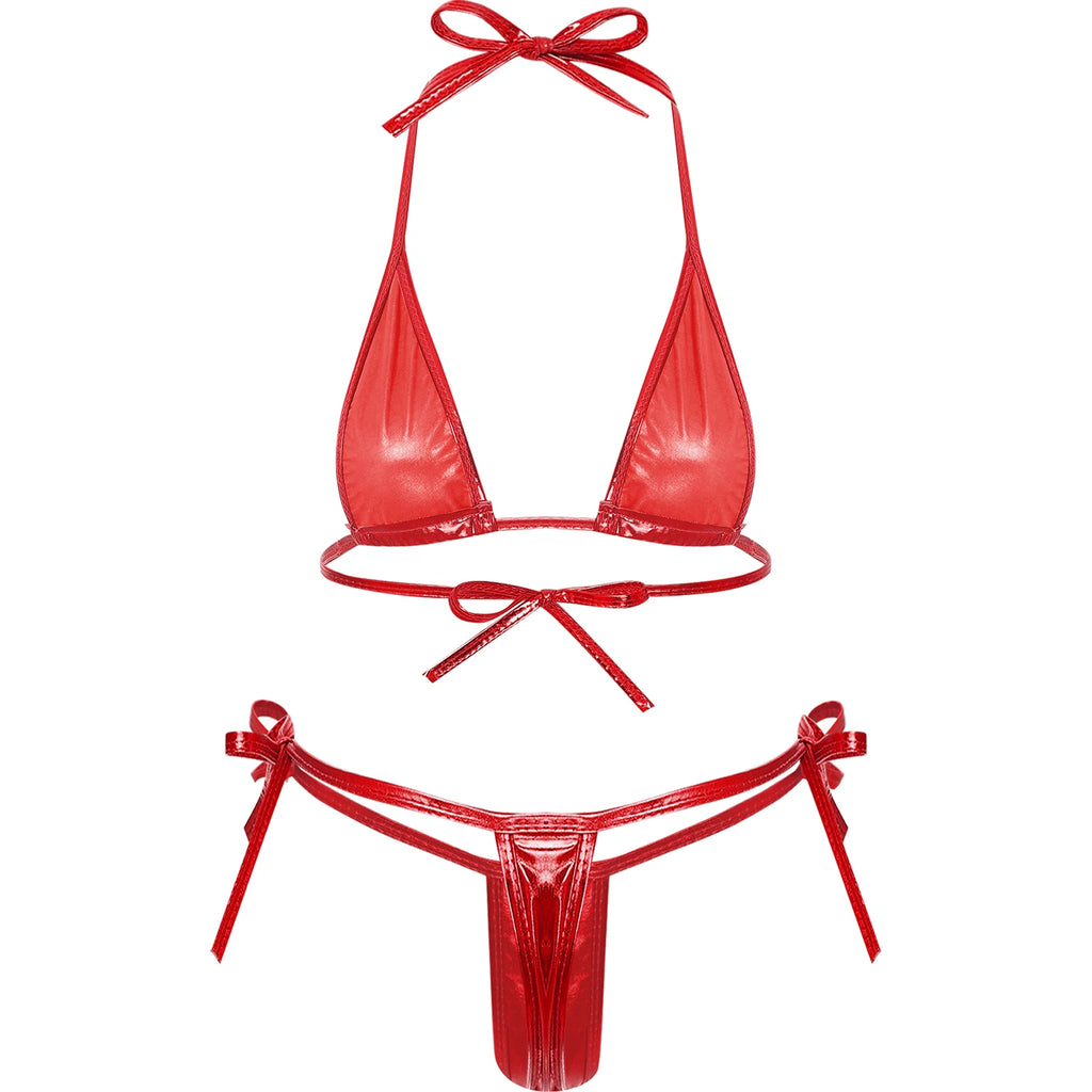 Womens Brazilian Micro Bikini Swimsuit Biquini Set Lacing Non-Padded Triangle Cup Bra Top with G-String Metallic Shiny Swimwear