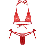 Womens Brazilian Micro Bikini Swimsuit Biquini Set Lacing Non-Padded Triangle Cup Bra Top with G-String Metallic Shiny Swimwear