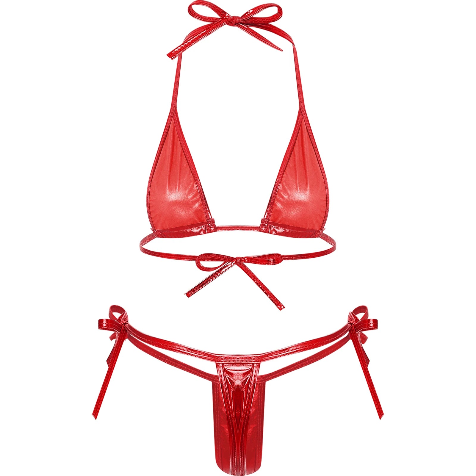 Womens Brazilian Micro Bikini Swimsuit Biquini Set Lacing Non-Padded Triangle Cup Bra Top with G-String Metallic Shiny Swimwear