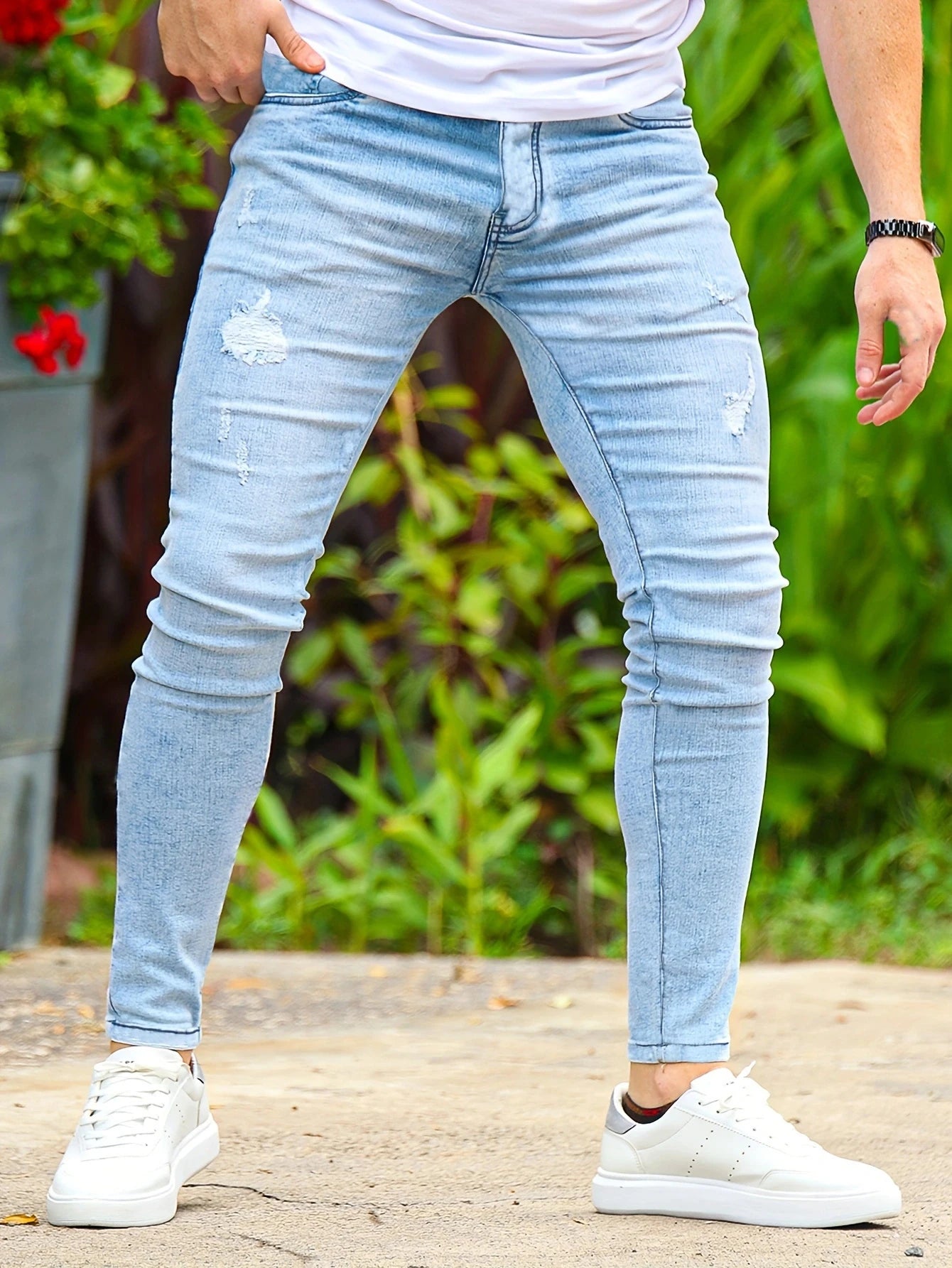 Men's Lightweight Slim-Fit Stretch Jeans | Light Blue with Ripped Design, Versatile Casual Street Style | Cotton Blend for All S Main image