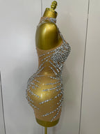 STOCK Sparkly Rhinestones Sexy Mesh See Through Dress Party Evening Prom Celebrate Birthday Dress Singer Dancer Show Stage Wear
