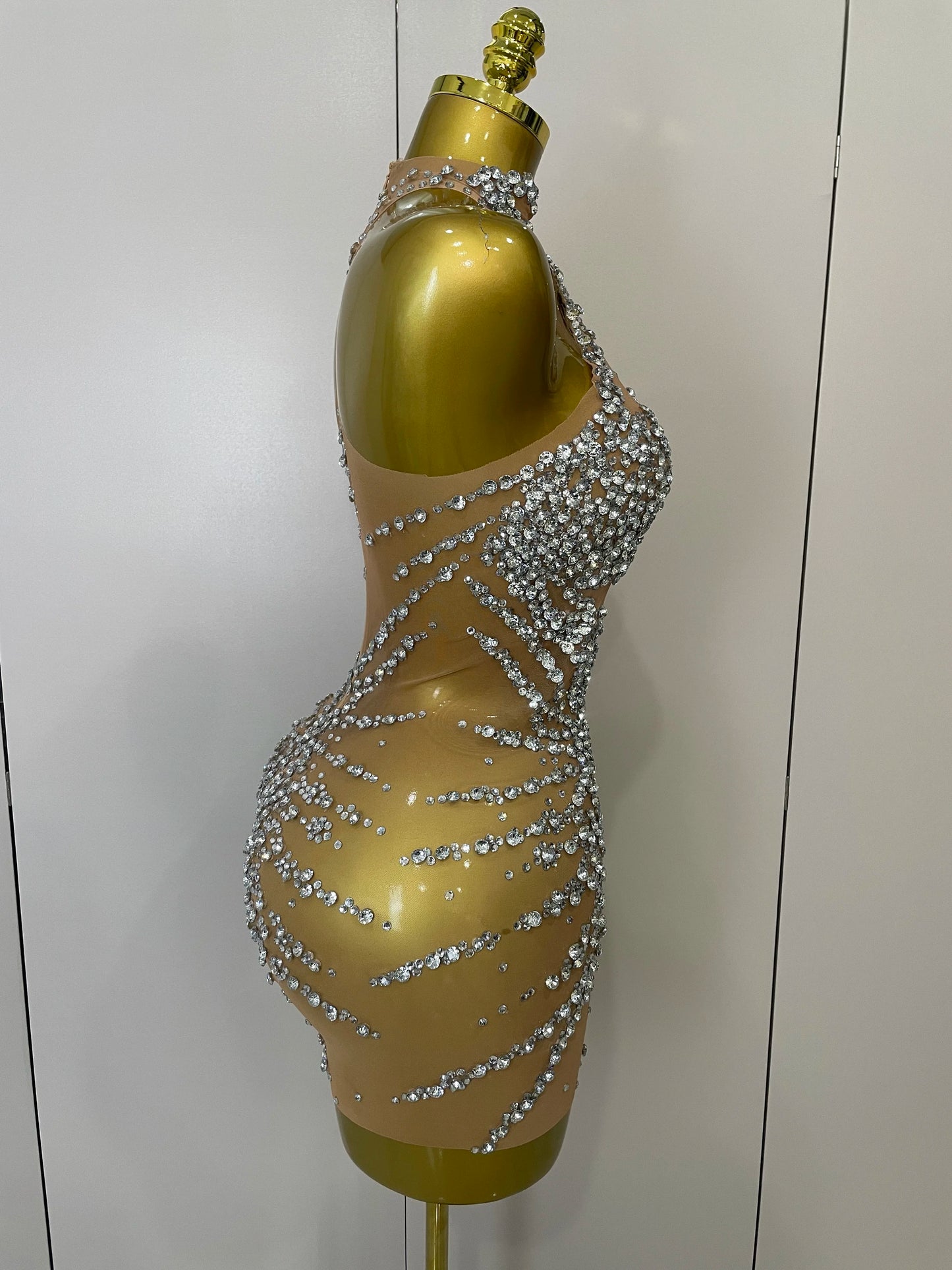 STOCK Sparkly Rhinestones Sexy Mesh See Through Dress Party Evening Prom Celebrate Birthday Dress Singer Dancer Show Stage Wear