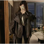 Vintage Zippers Short Leather Jackets Women's Casual Lapel Button Pockets Full Sleeve Coat 2025 Autumn New Lady Chic Streetwear