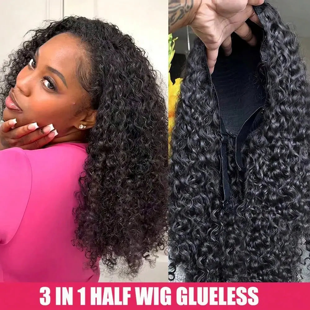 Jerry Curly Half Wig Human Hair Seamless Kinky Curly 3 In 1 Half Wig  Glueless  Heandband Clip In Wig No Sew In Black Color Main image