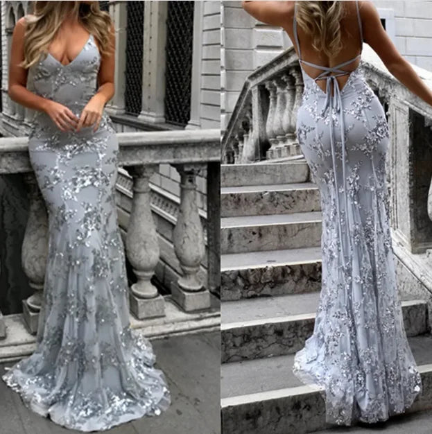 Spaghetti Strap Sequin Cocktail Dresses Homecoming Mermaid Backless Slim Fit Split Asymmetrical Sexy Sweep Train Prom Vestidos