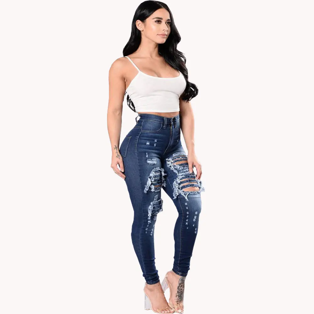 2026 New High Waist Ripped Slim Fit Jeans For Women Fashion High Stretch Skinny Denim Pencil Pants Casual Female Clothing S-3XL