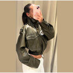 Vintage Zippers Short Leather Jackets Women's Casual Lapel Button Pockets Full Sleeve Coat 2025 Autumn New Lady Chic Streetwear
