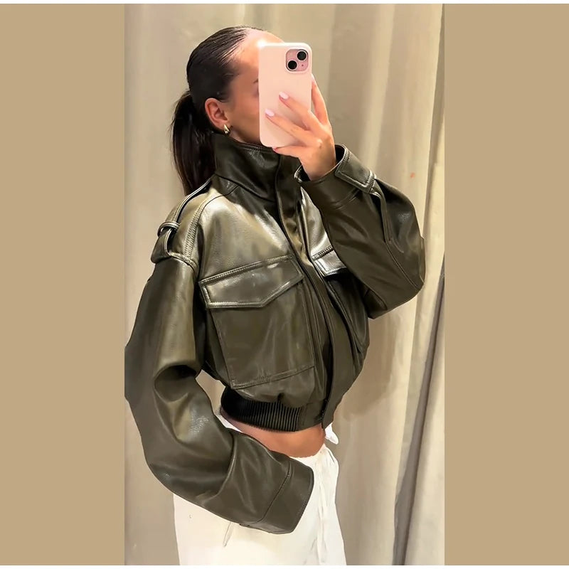 Vintage Zippers Short Leather Jackets Women's Casual Lapel Button Pockets Full Sleeve Coat 2025 Autumn New Lady Chic Streetwear