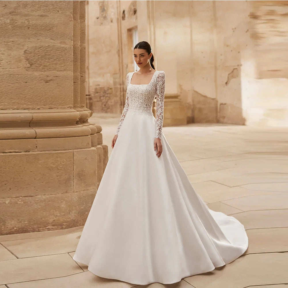 Customized Classic Wedding Dresses Woman's A Line Sexy Appliques Long Sleeve Boat Neck High Split Bride Gowns Formal Vestidos Main image