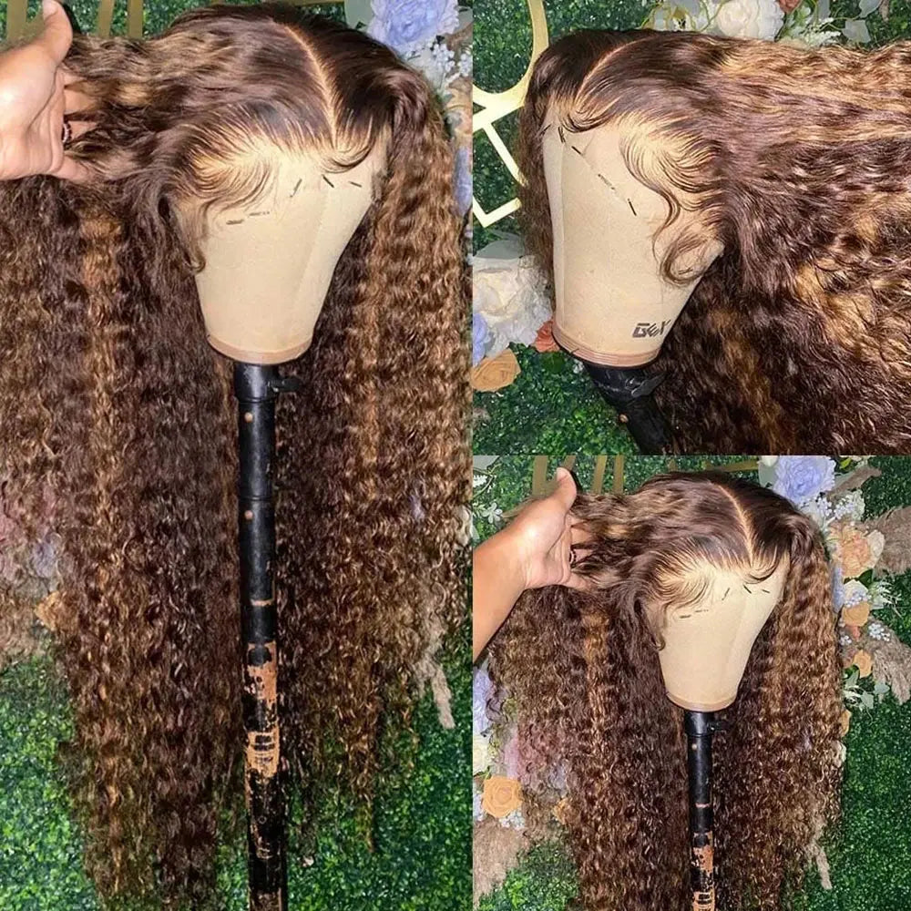 Highlight Curly Wig 13x4 Lace Front Wig Human Hair Wigs Glueless HD Deep Wave Lace Frontal Wig 4/27 Colored Wigs PrePlucked Main image