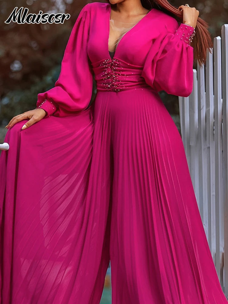 Mlaiscsr Elegant Evening Party Jumpsuit Long Sleeved Waist Pearl Bead Mesh Loose Wide Leg Pleated Long Dinner One Pieces Rompers Main image