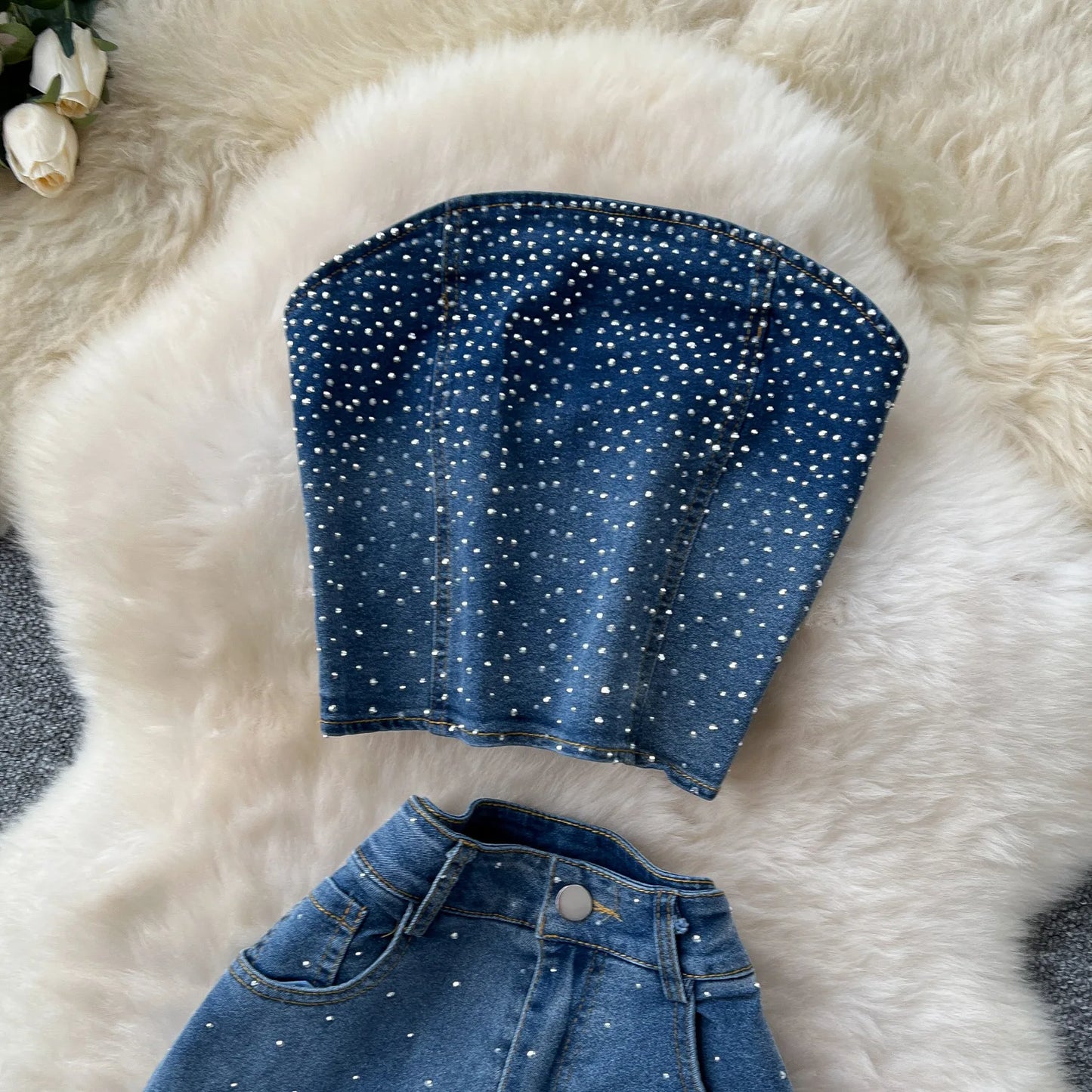 Denim Pant Set Women Two Piece Sets Sexy Matching Sets Sleeveless Short Tops Long Flare Pants High Waist Slim Hot Diamond