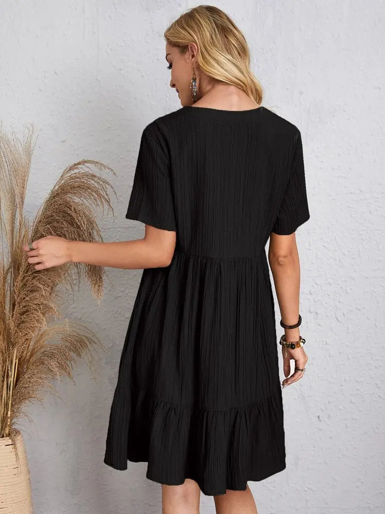 Elegant Solid V Neck A Line Dress 2024 New Summer Ruffles Loose Mini Dress Casual Short Sleeve Beach Party Vestidos Streetwear