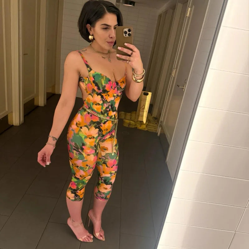 Floral Print Sexy Bodysuit Pant Set Hot Girl Sweetheart Backless Spaghetti Straps Top Elastic Waist Capri Pants Lady Outfit
