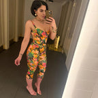 Floral Print Sexy Bodysuit Pant Set Hot Girl Sweetheart Backless Spaghetti Straps Top Elastic Waist Capri Pants Lady Outfit