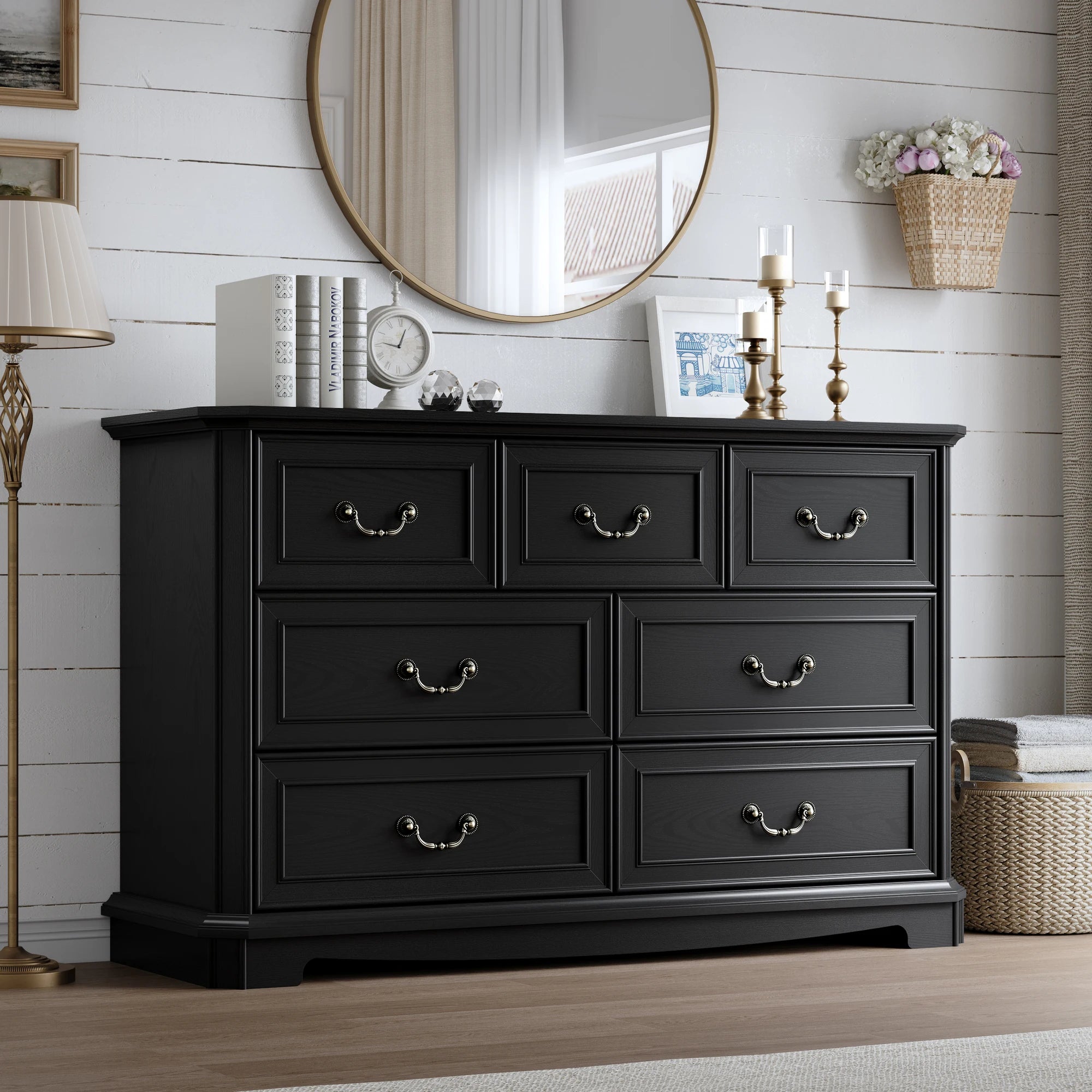 Farmhouse Dresser for Bedroom with 7 Drawer, Wood Vintage Dresser TV Stand for Living Room, Hallway