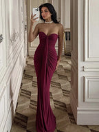 FDYOUI Elegant Strapless Bandage Evening Party Dress for Women 2025 Autumn Sleeveless Backless Bodycon Ruched Long Maxi Dresses
