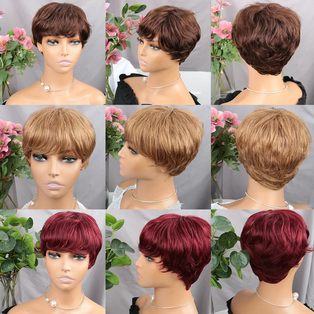 Brown Short Pixie Cut Wig Human Hair For Black Women Machine Made Wigs With Bangs Colored Brazilian Wig Human Hair Wigs Secondary image