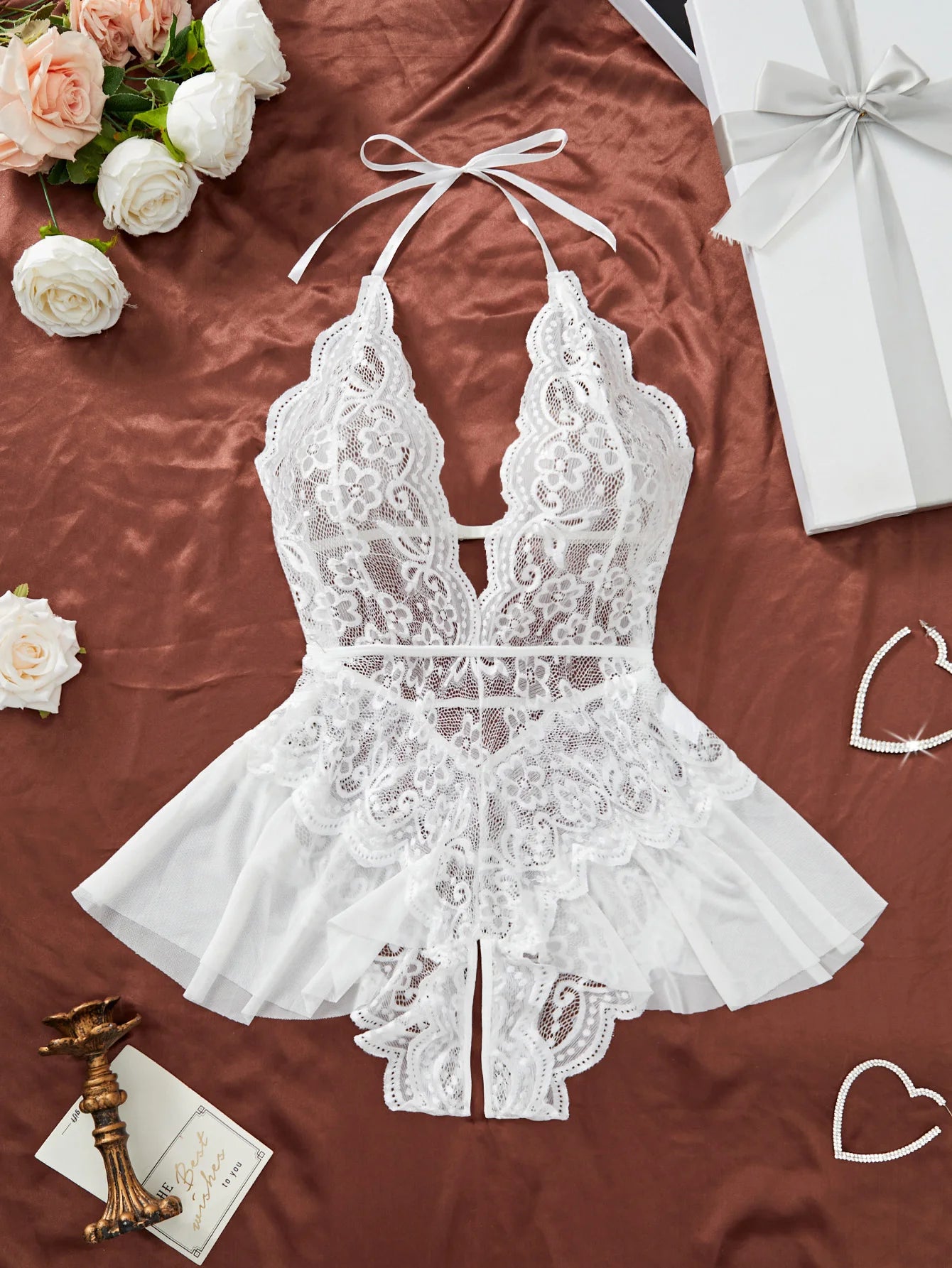 Plus Size 4XL Erotic Backless Deep V Sexy Lingerie Transparent Floral Lace Women Night Dress Teddy Babydoll Crotchless Underwear