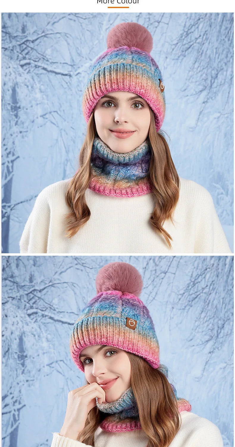 Winter Lady Warm Hat Scarf Two-piece Set Fleece Thickened Gradual Change Color Knitted Skiing Hat Fashion Pullover Hat for Women