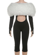 Nibber Furry Patchwork Jumpsuit Woman Slash Neck Sexy Hollow Full Sleeve Backless Slim Peach Hip Hottie Street Fashion Overalls