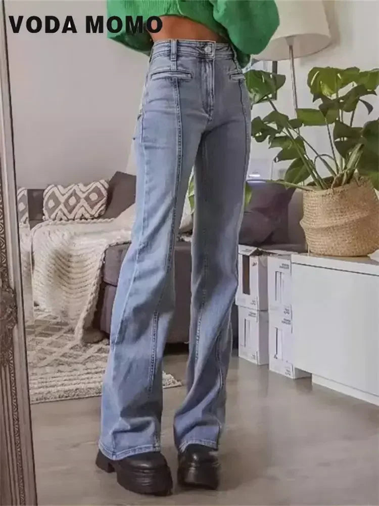 Retro Jeans European and American Style Design Slim Fit Leg Length All Match Pants Five Pointed Star Straight Women Versatile