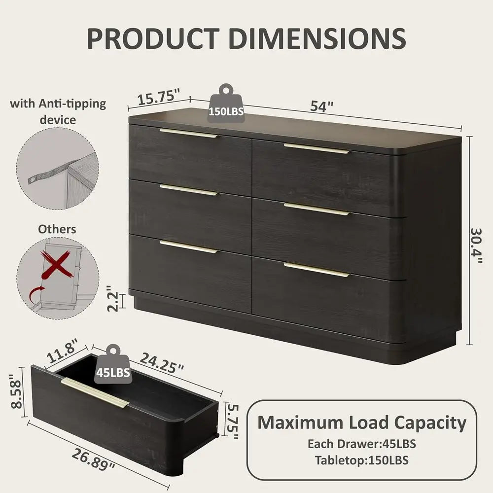 Wide 54 Black Wooden Dresser with Metal Handles, Curved Design for Bedroom, Living Room, or Hallway Storage