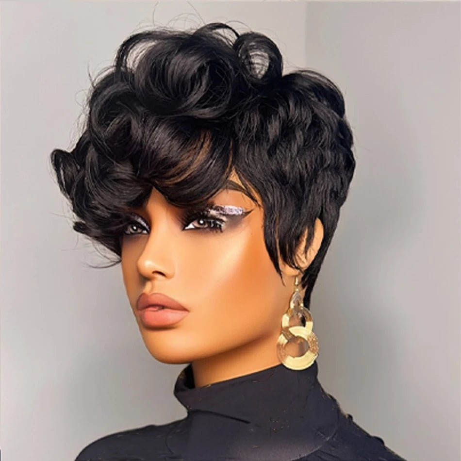 1B# Pixie Cut Human Hair Wig for Women 6" Layered Short Loose Curly with Bangs 180% Density Remy Brazilian Hair Machine Made Cap Secondary image