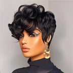 1B# Pixie Cut Human Hair Wig for Women 6" Layered Short Loose Curly with Bangs 180% Density Remy Brazilian Hair Machine Made Cap