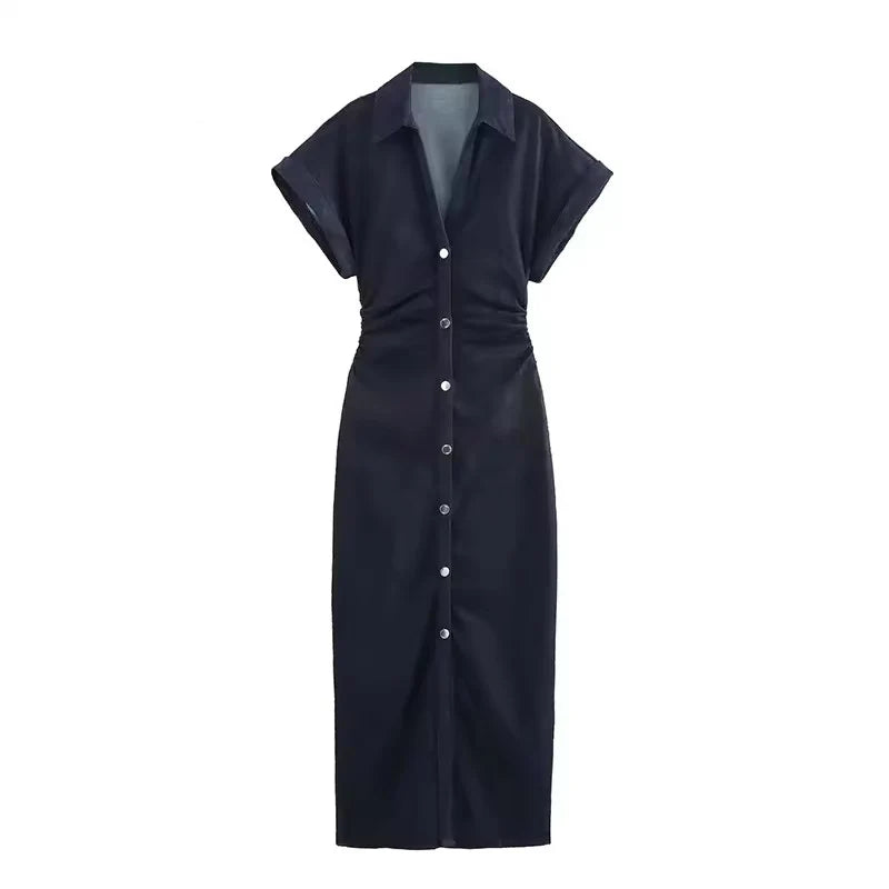 Denim Dress Women's Spring Summer Casual Long Dresses For Women 2025 New Fashion Ruched Short Sleeve Streetwear Midi Dress Secondary image