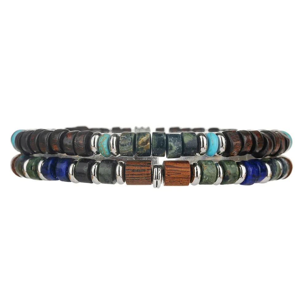 2PC/SET  Man's Tribal Wooden Beads Bracelet Set for Men Bohemia Beaded Natural Lapis Lazuli Stone Bracelet Man Pulseras Hombre