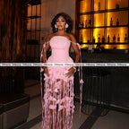 Pink Gorgeous Straight Cocktail Dress With Flowers Tassels Beads Luxury Birthday Dress African Sexy Evening Dresses Customized