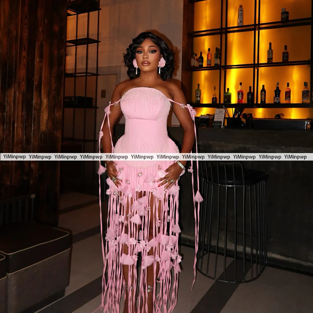 Pink Gorgeous Straight Cocktail Dress With Flowers Tassels Beads Luxury Birthday Dress African Sexy Evening Dresses Customized