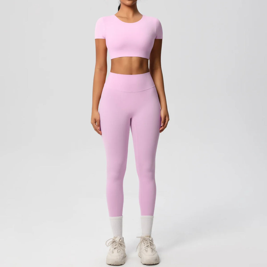 2PCS Woman Gym Sports Yoga Set Knitted Slim Workout Top Short Sleeve Quick Drying Legging Fitness Pants Running Sports Yoga Suit