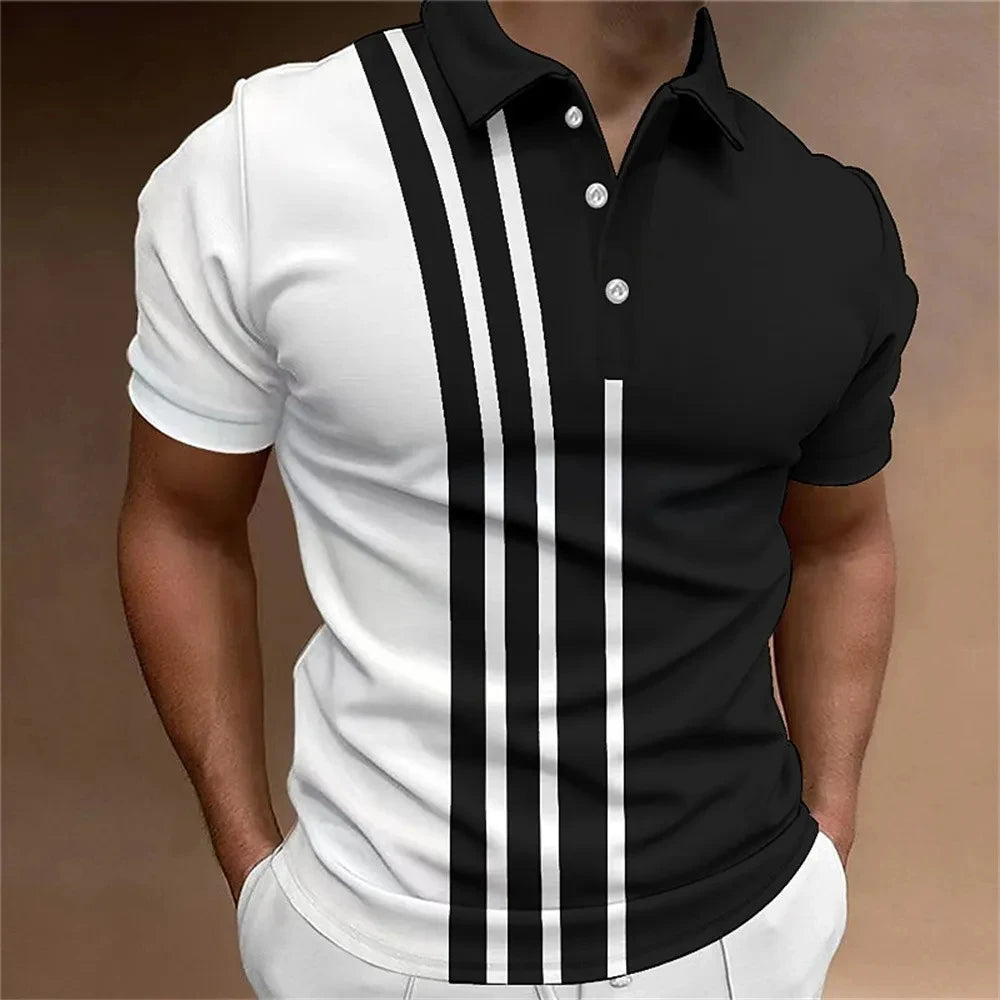 Men's Button Polo Shirt Collar Short-sleeved Pullover Sports Summer Casual Button Striped Collar Trend T-shirt Tops