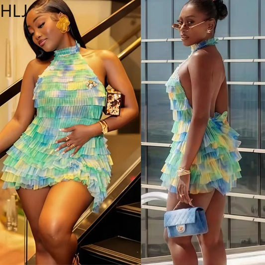 HLJ Sexy Mesh Ruched Patchwork Bodycon Dresses Women Cake Gradient Halter Backless Dress Female Streetwear Vestidos Summer New