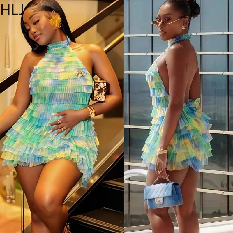 HLJ Sexy Mesh Ruched Patchwork Bodycon Dresses Women Cake Gradient Halter Backless Dress Female Streetwear Vestidos Summer New Main image