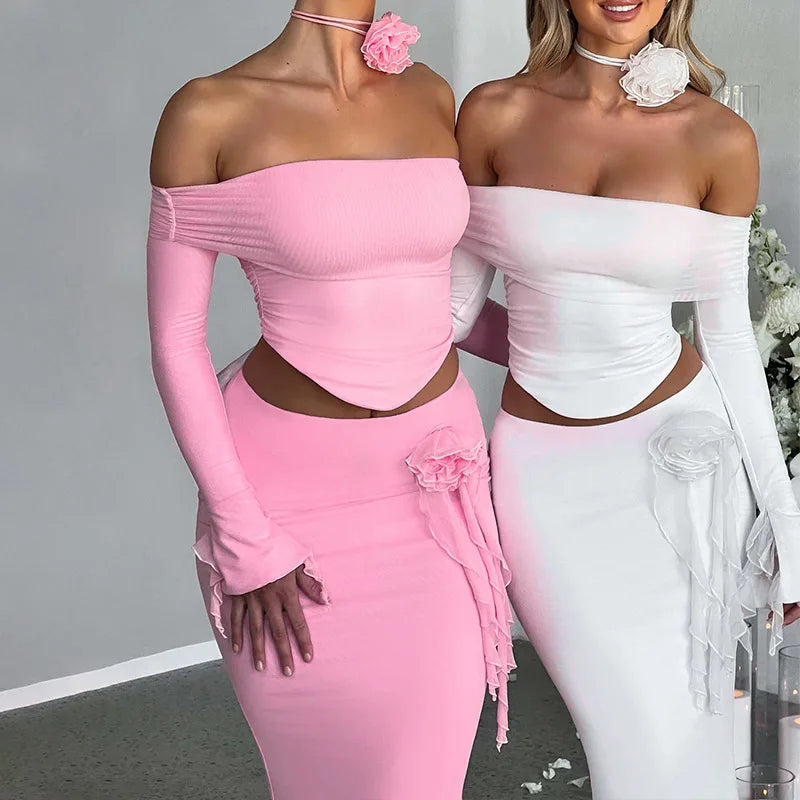 TARUXY Flower Bodycon Skirt Sets Women Slim Sexy Backless Lace Up Tops Women's Party Elegant Dress 2 Piece Womens Suits Outfits