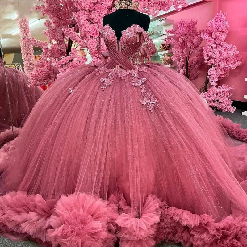 Customized Elegant Pink Quinceanera Dress Ball Gown Beads Applique Corset Pageant Sweet 15 Party Tiered Ruffle Prom Party Dress
